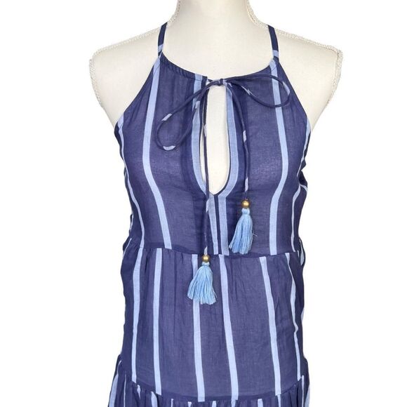 Oliphant Tiered Striped Tassel Tie Neck Maxi Dress Blue Size XS - Picture 5 of 12